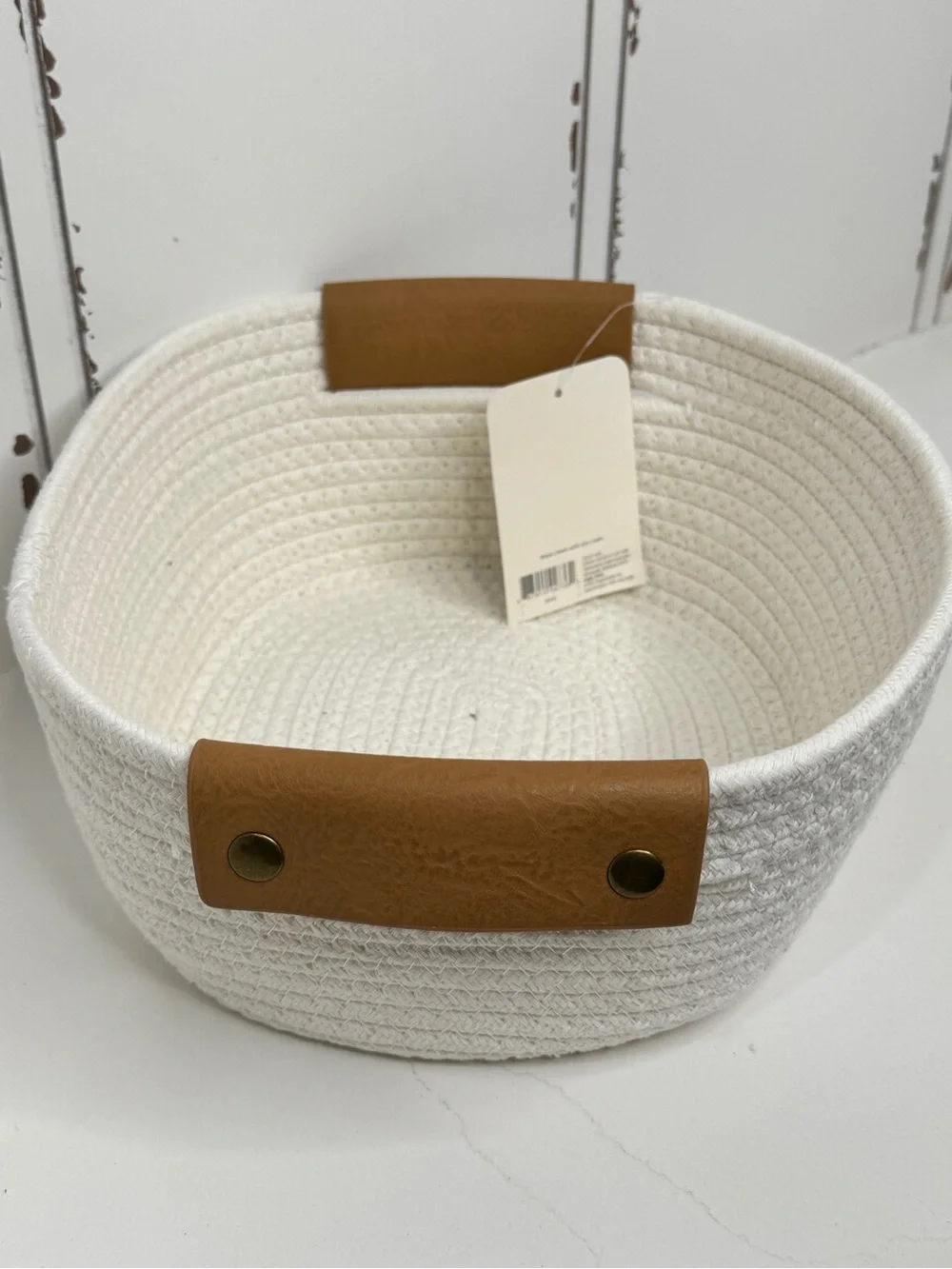 Cream Woven Rope Storage Basket with Brown Handles